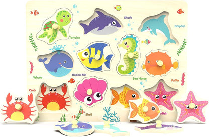 Wooden Sea Animal Peg Puzzle – Educational Montessori Wooden Toy for Toddlers 18+ Months