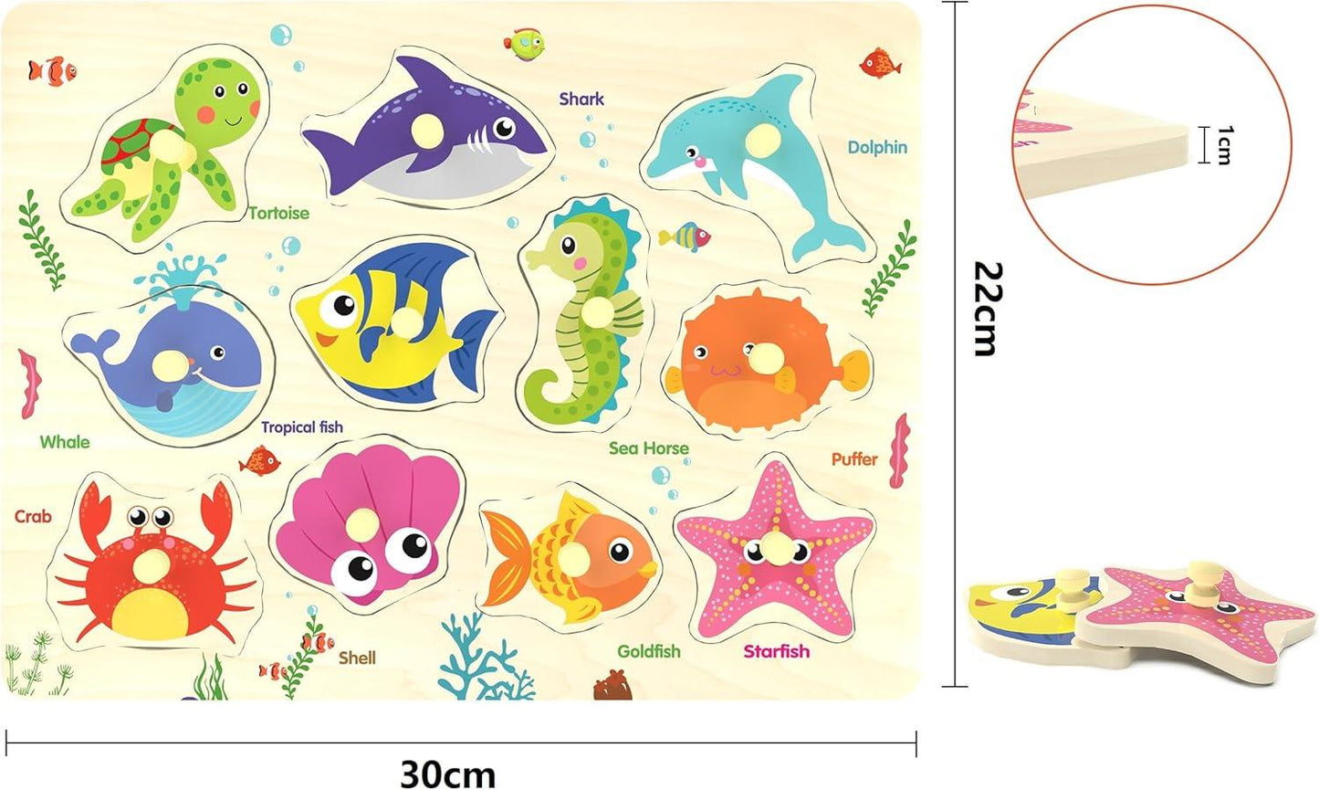 Wooden Sea Animal Peg Puzzle – Educational Montessori Wooden Toy for Toddlers 18+ Months