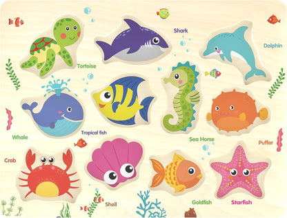 Wooden Sea Animal Peg Puzzle – Educational Montessori Wooden Toy for Toddlers 18+ Months