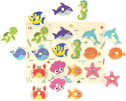 Wooden Sea Animal Peg Puzzle – Educational Montessori Wooden Toy for Toddlers 18+ Months