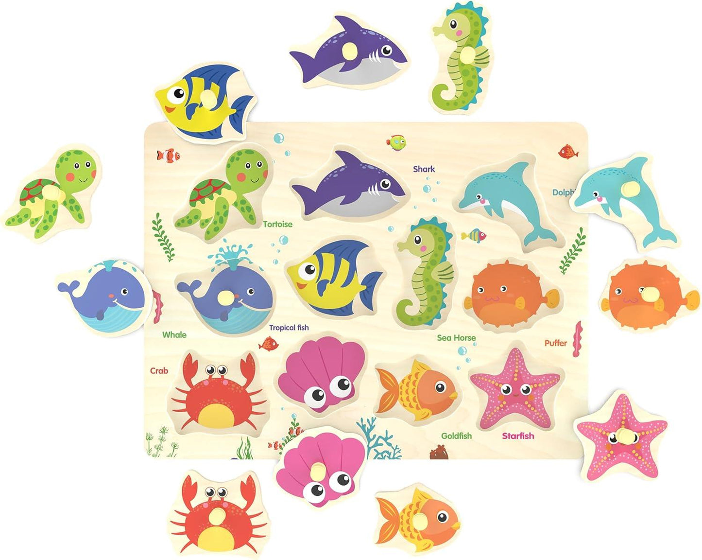 Wooden Sea Animal Peg Puzzle – Educational Montessori Wooden Toy for Toddlers 18+ Months