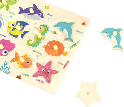 Wooden Sea Animal Peg Puzzle – Educational Montessori Wooden Toy for Toddlers 18+ Months