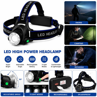 Rechargeable LED Head Torch Headlamp Super Bright USB Camping Work Hiking