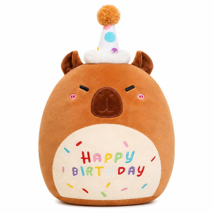 Capybara Plush Toy 25cm – Soft Stuffed Teddy with Birthday Hat & "Happy Birthday" Design