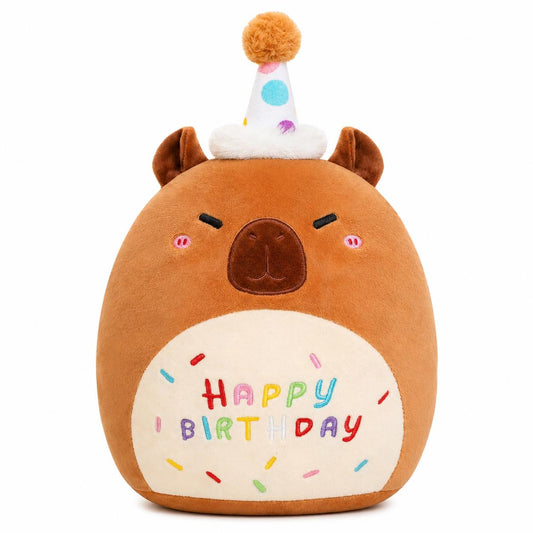 Capybara Plush Toy 25cm – Soft Stuffed Teddy with Birthday Hat & "Happy Birthday" Design