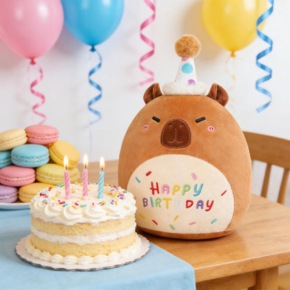 Capybara Plush Toy 25cm – Soft Stuffed Teddy with Birthday Hat & "Happy Birthday" Design