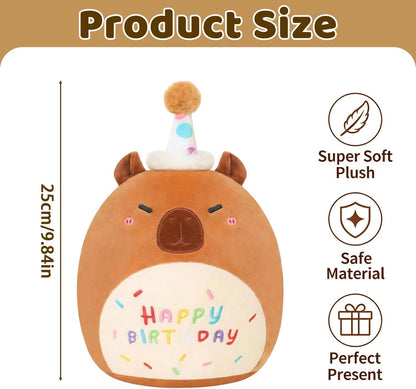 Capybara Plush Toy 25cm – Soft Stuffed Teddy with Birthday Hat & "Happy Birthday" Design