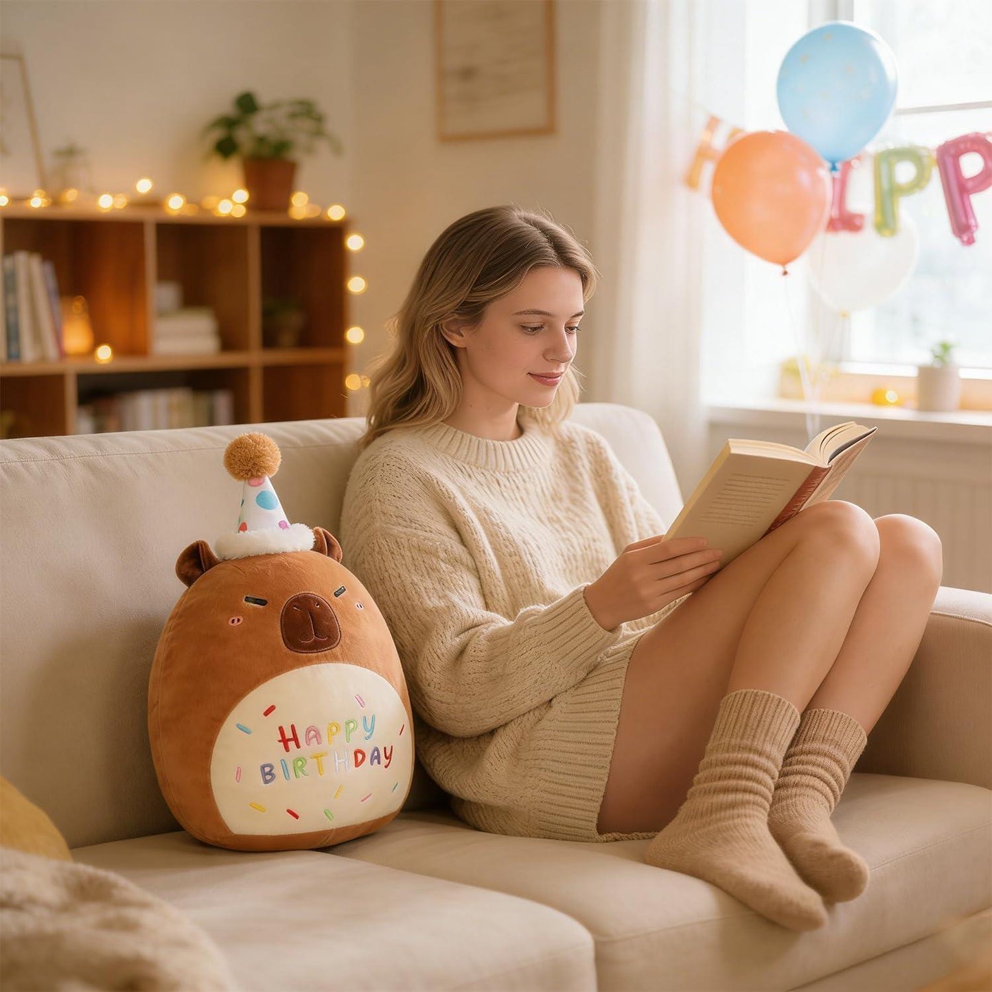 Capybara Plush Toy 25cm – Soft Stuffed Teddy with Birthday Hat & "Happy Birthday" Design