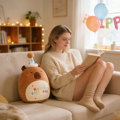 Capybara Plush Toy 25cm – Soft Stuffed Teddy with Birthday Hat & "Happy Birthday" Design