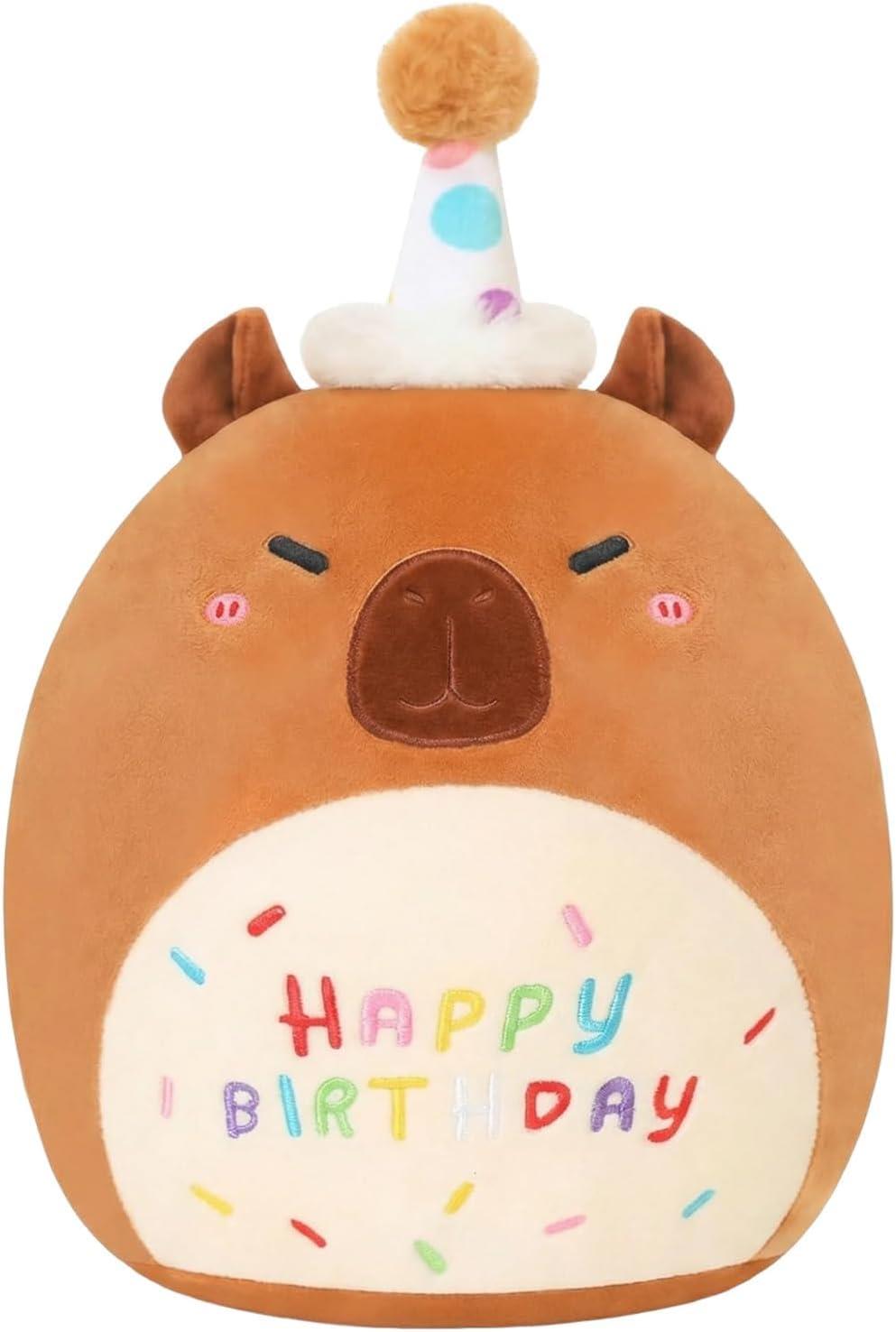 Capybara Plush Toy 25cm – Soft Stuffed Teddy with Birthday Hat & "Happy Birthday" Design