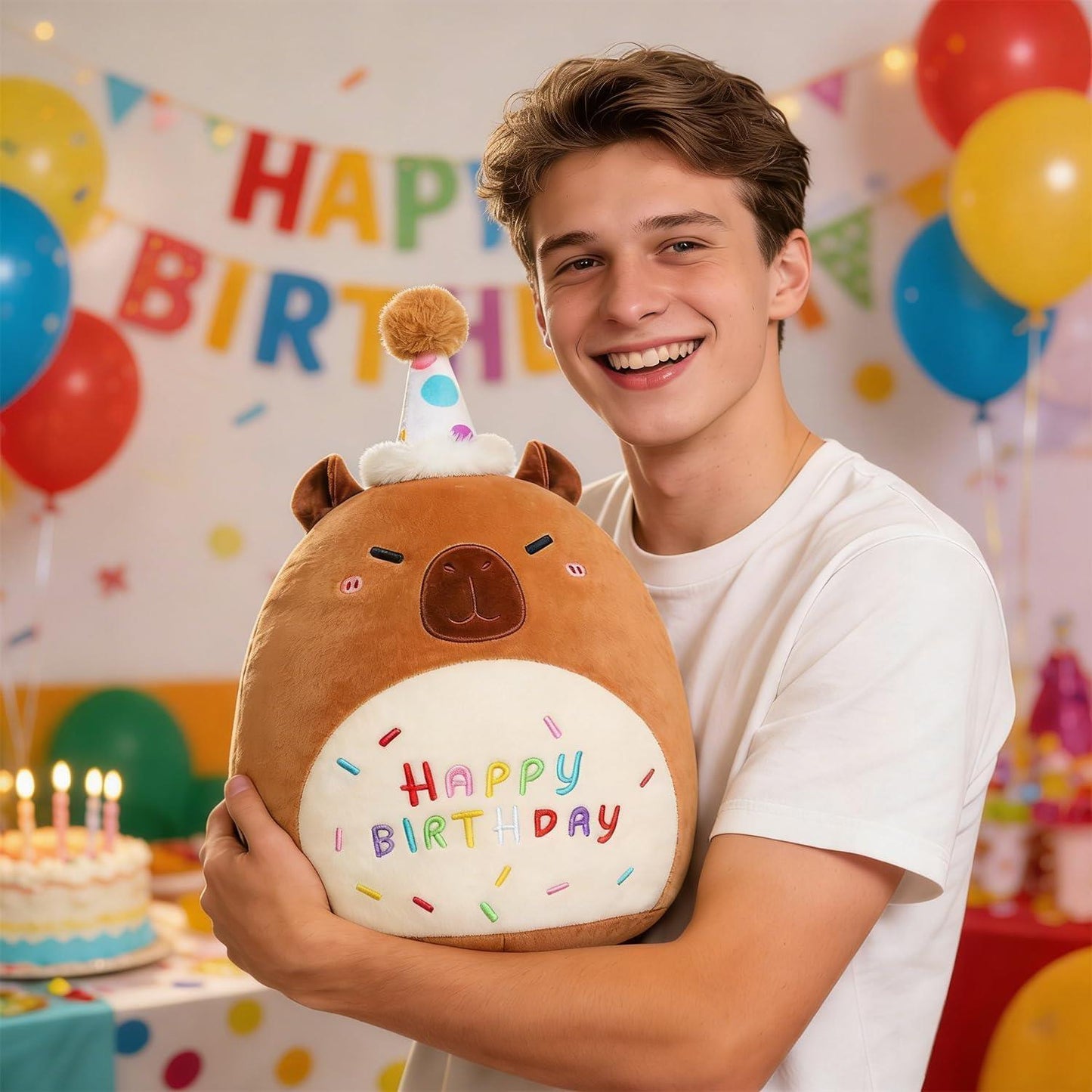 Capybara Plush Toy 25cm – Soft Stuffed Teddy with Birthday Hat & "Happy Birthday" Design