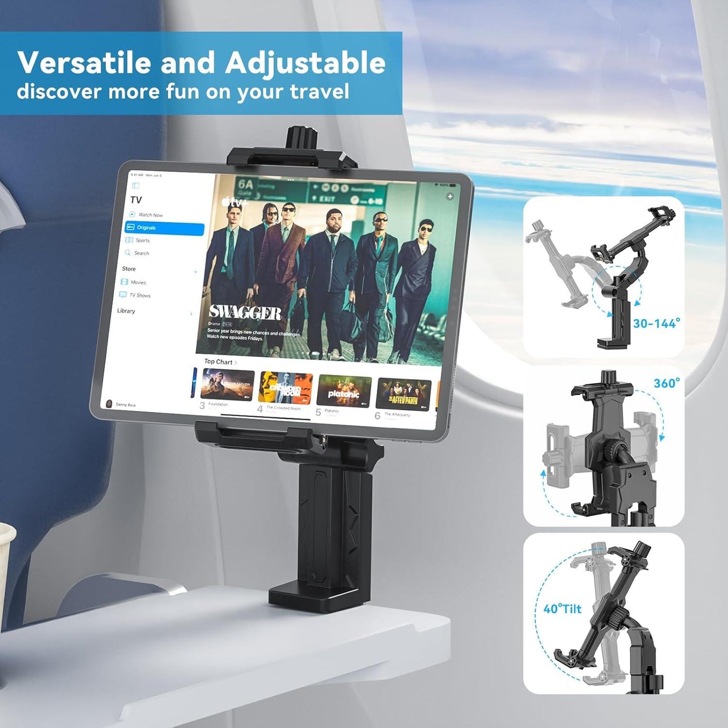 Airplane Tablet Holder Mount – 360° Adjustable Travel Stand for iPad, Phone & Tesla Model 3/Y