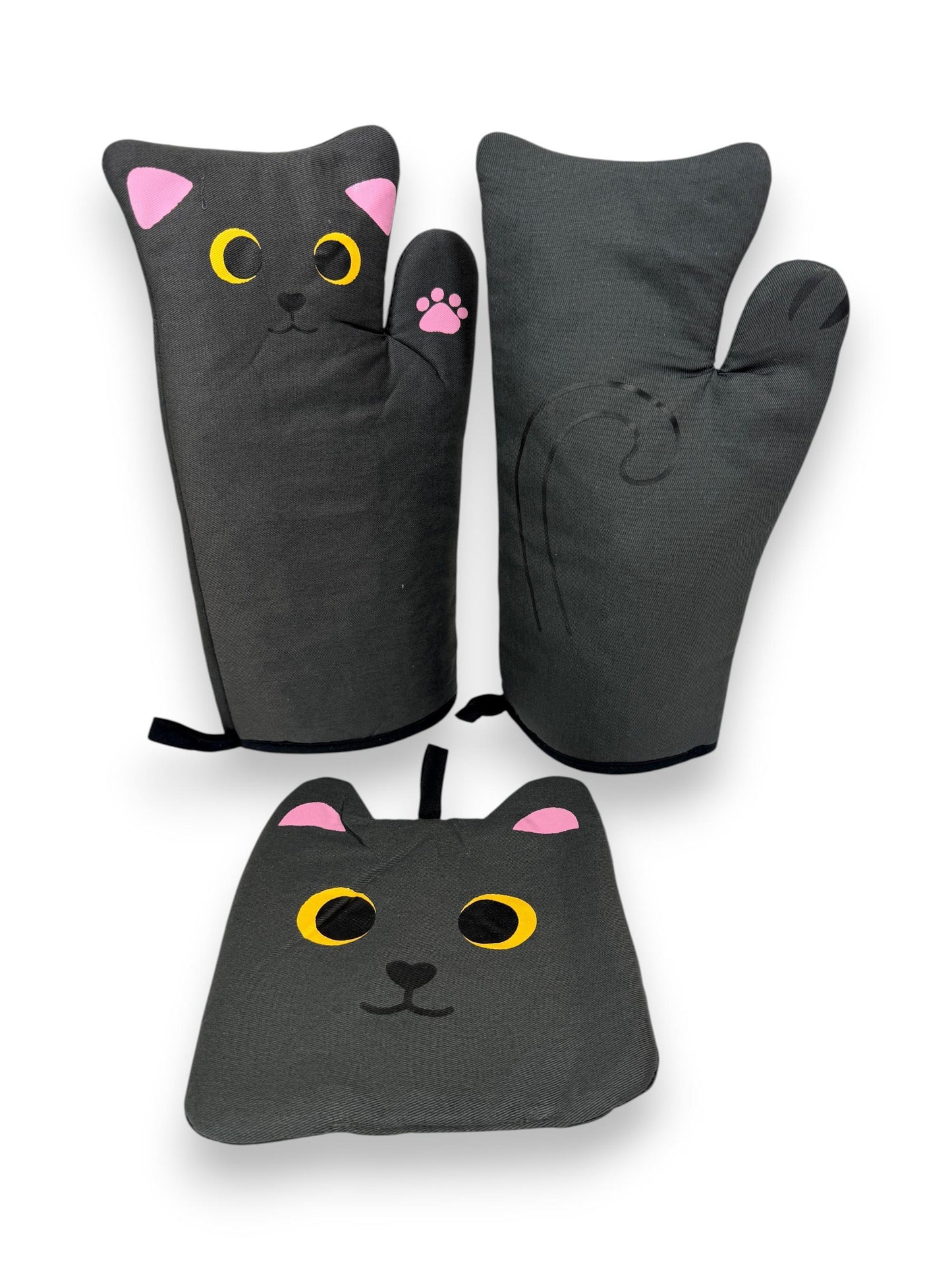 Black Cat Oven Gloves & Pot Holder Set Heat Resistant Kitchen Mitts 3 Piece
