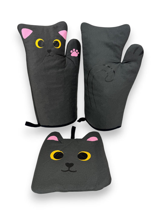 Black Cat Oven Gloves & Pot Holder Set Heat Resistant Kitchen Mitts 3 Piece