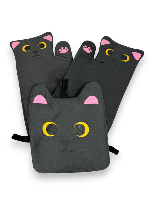 Black Cat Oven Gloves & Pot Holder Set Heat Resistant Kitchen Mitts 3 Piece