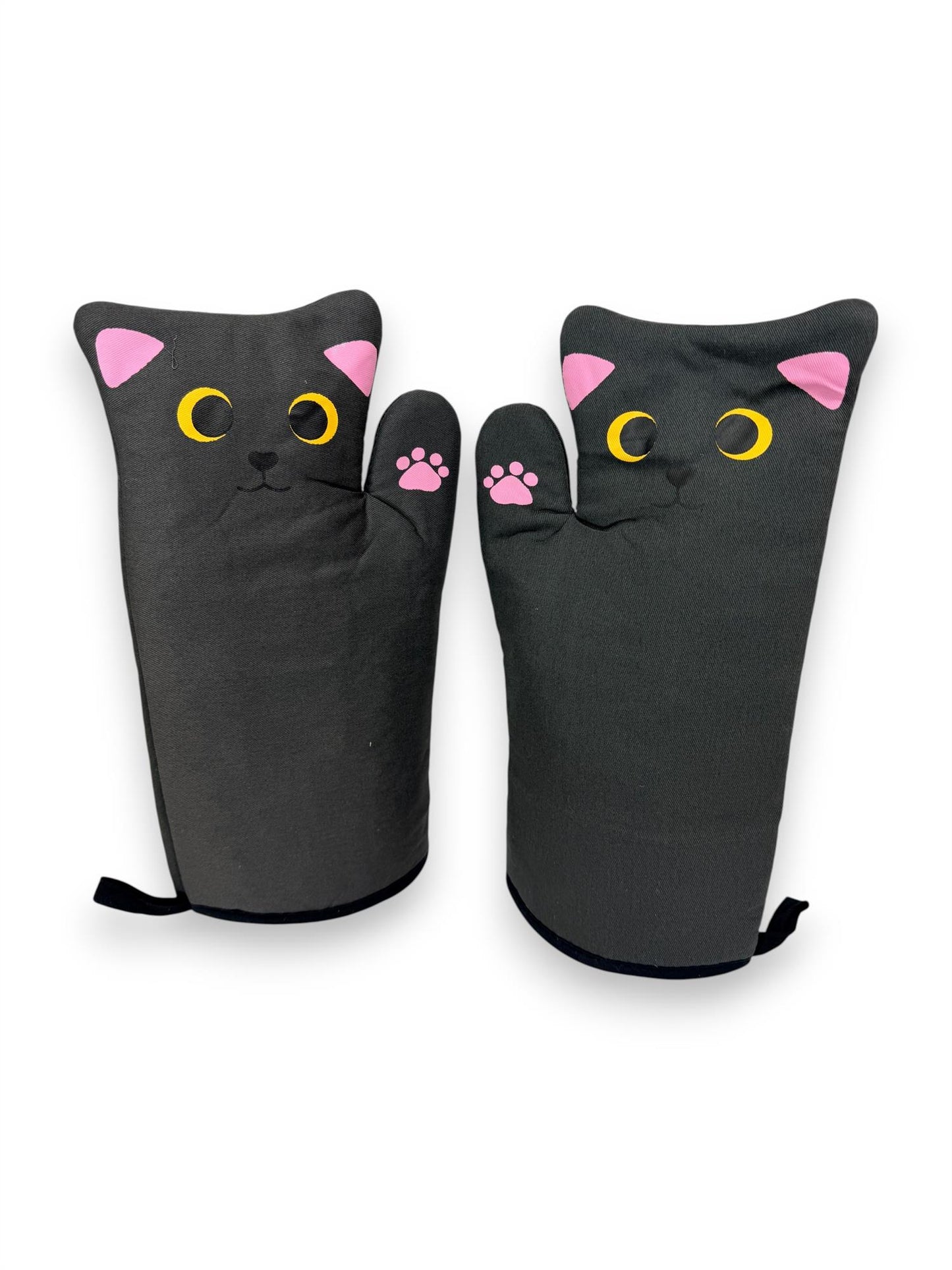 Black Cat Oven Gloves & Pot Holder Set Heat Resistant Kitchen Mitts 3 Piece