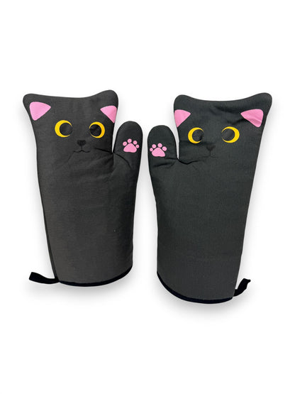 Black Cat Oven Gloves & Pot Holder Set Heat Resistant Kitchen Mitts 3 Piece
