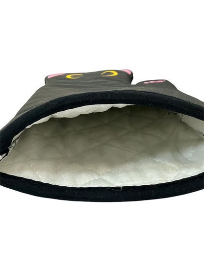 Black Cat Oven Gloves & Pot Holder Set Heat Resistant Kitchen Mitts 3 Piece