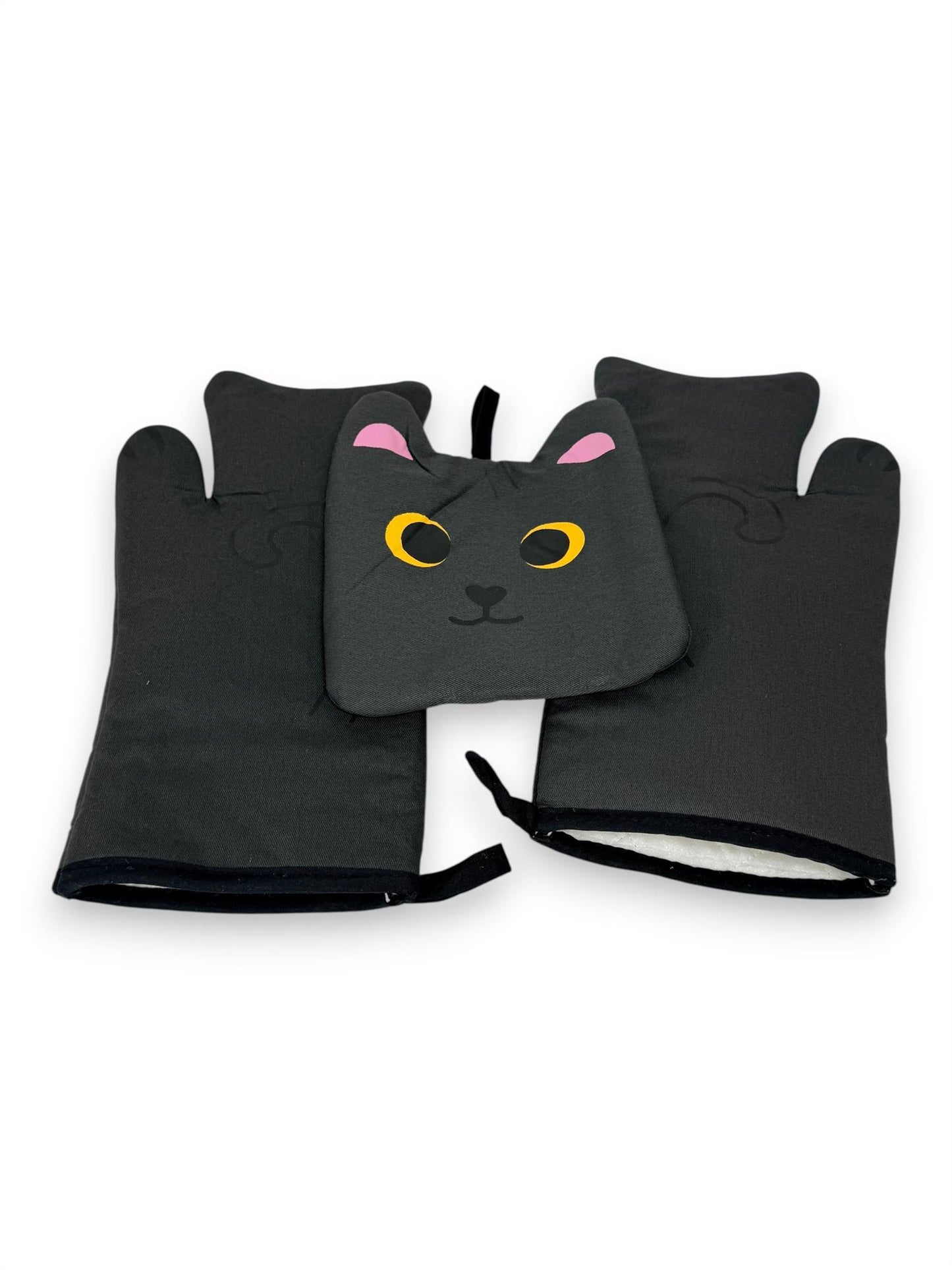 Black Cat Oven Gloves & Pot Holder Set Heat Resistant Kitchen Mitts 3 Piece