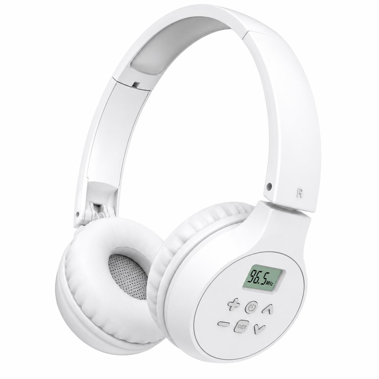 Portable FM Radio Headphones – Digital Stereo Radio with AUX Input, Foldable Design – White