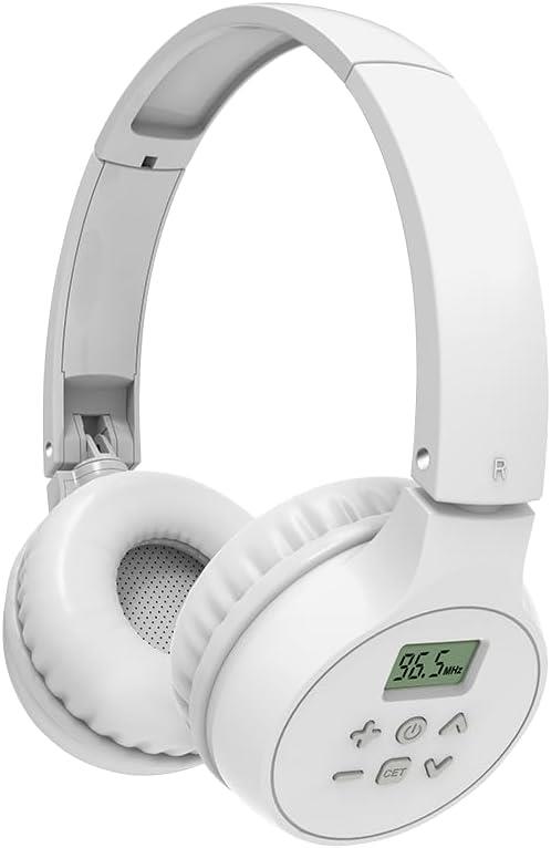 Portable FM Radio Headphones – Digital Stereo Radio with AUX Input, Foldable Design – White