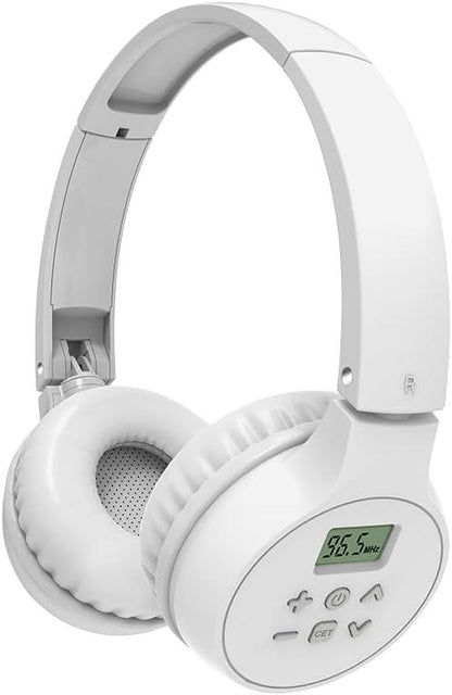 Portable FM Radio Headphones – Digital Stereo Radio with AUX Input, Foldable Design – White