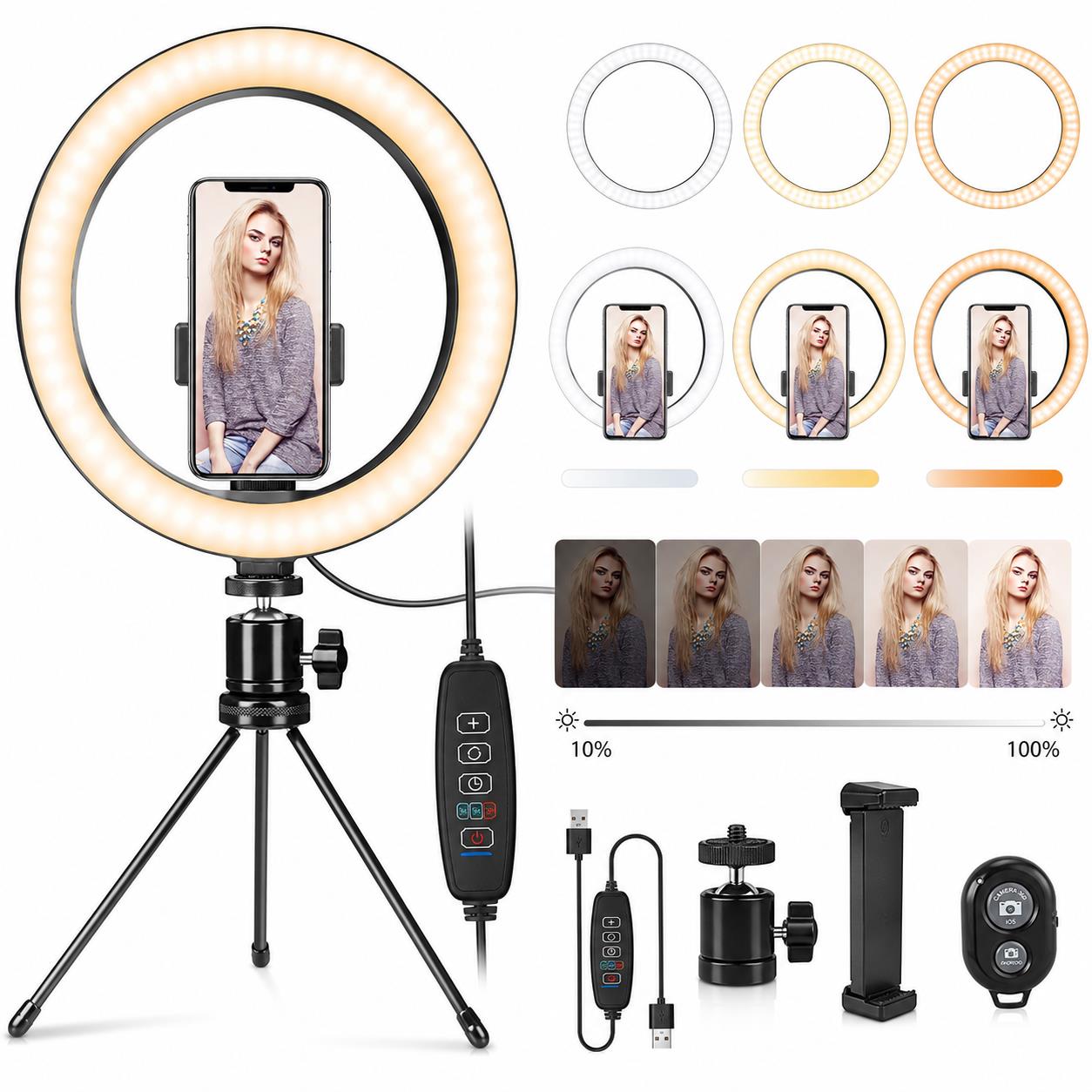 10" LED Ring Light with Tripod Stand & Phone Holder – Dimmable USB Light for Photography, Makeup & Live Streaming
