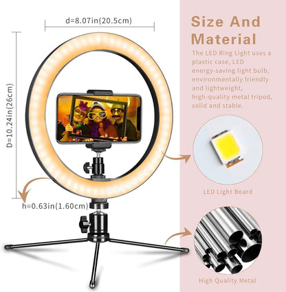 10" LED Ring Light with Tripod Stand & Phone Holder – Dimmable USB Light for Photography, Makeup & Live Streaming