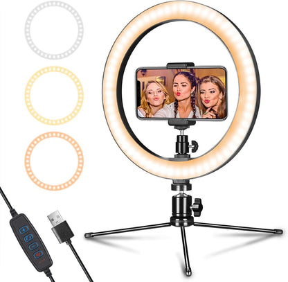 10" LED Ring Light with Tripod Stand & Phone Holder – Dimmable USB Light for Photography, Makeup & Live Streaming