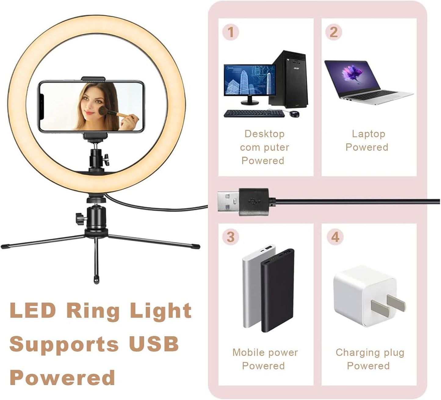 10" LED Ring Light with Tripod Stand & Phone Holder – Dimmable USB Light for Photography, Makeup & Live Streaming