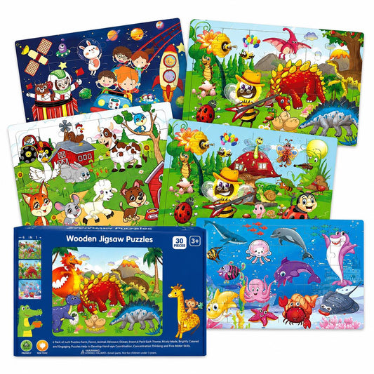 6 Pack Wooden Jigsaw Puzzles for Kids – Educational 30 Piece Puzzle Set for Ages 3–6
