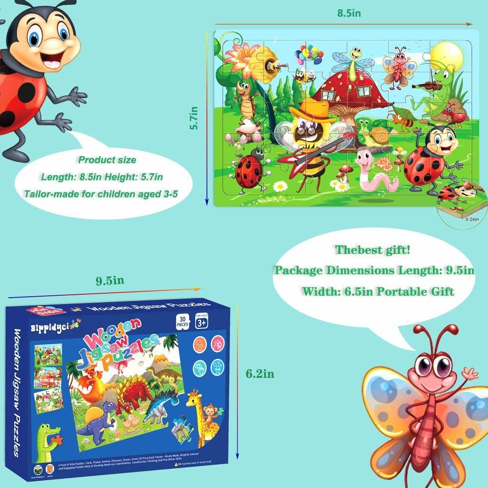 6 Pack Wooden Jigsaw Puzzles for Kids – Educational 30 Piece Puzzle Set for Ages 3–6