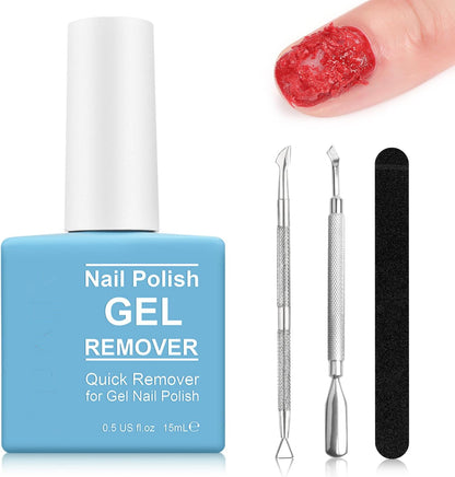 Gel Nail Polish Remover 15 Ml, Peel off in 3-5 Min, Easy Quick Remove Gel Nail, Acrylic & UV Nail, Without Foil Soak or Wrap, Do Not Hurt Nails, with Nail File, Cuticle Pusher and Nail Polish Scraper