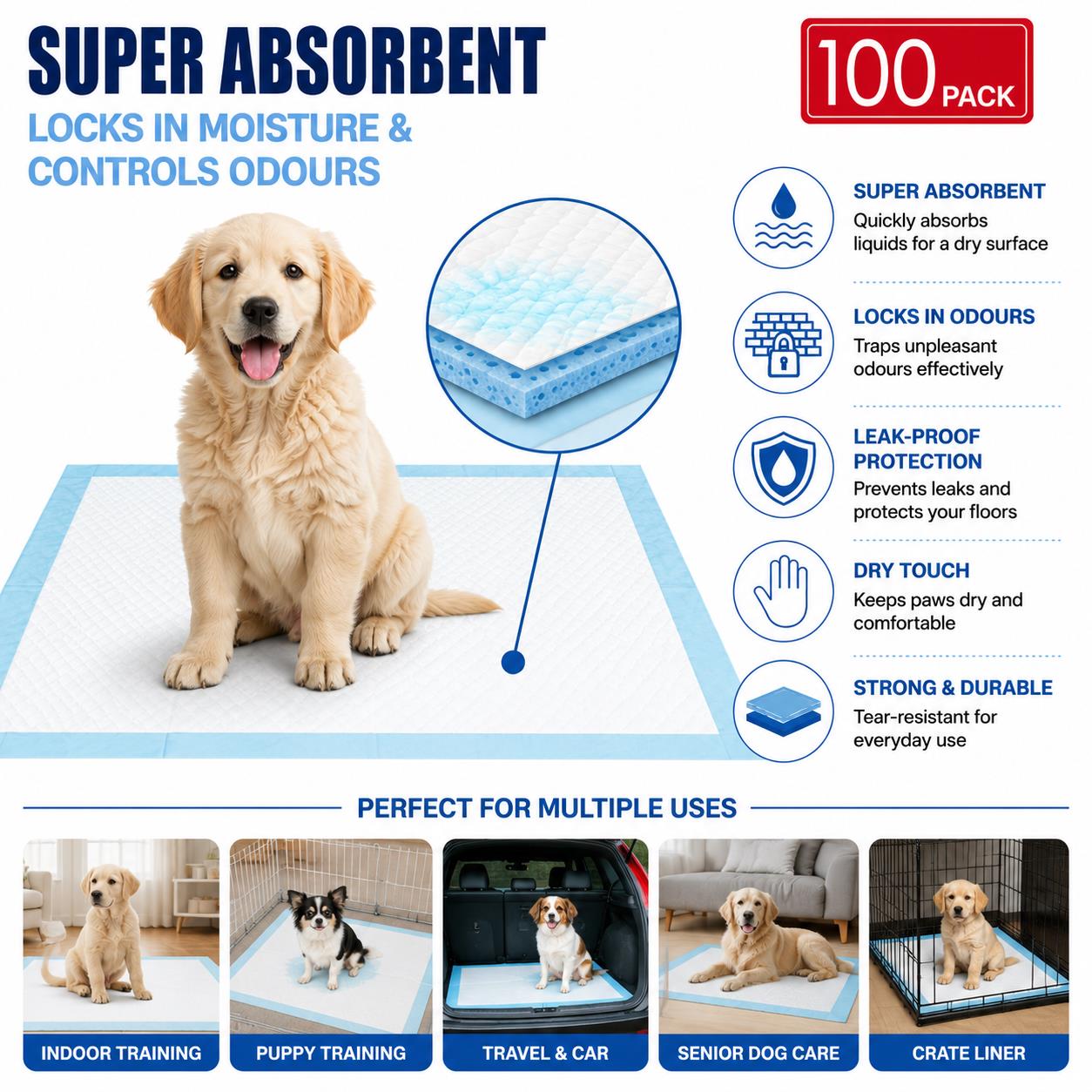 100 Puppy Training Pads 56x56cm Dog Pee Toilet Mats Leak Proof 5 Layer