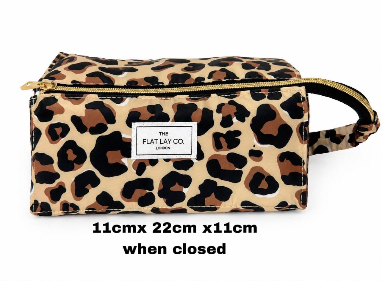 The Flat Lay Co Makeup Box Bag Brown Leopard Foldable Cosmetic Travel Organiser
