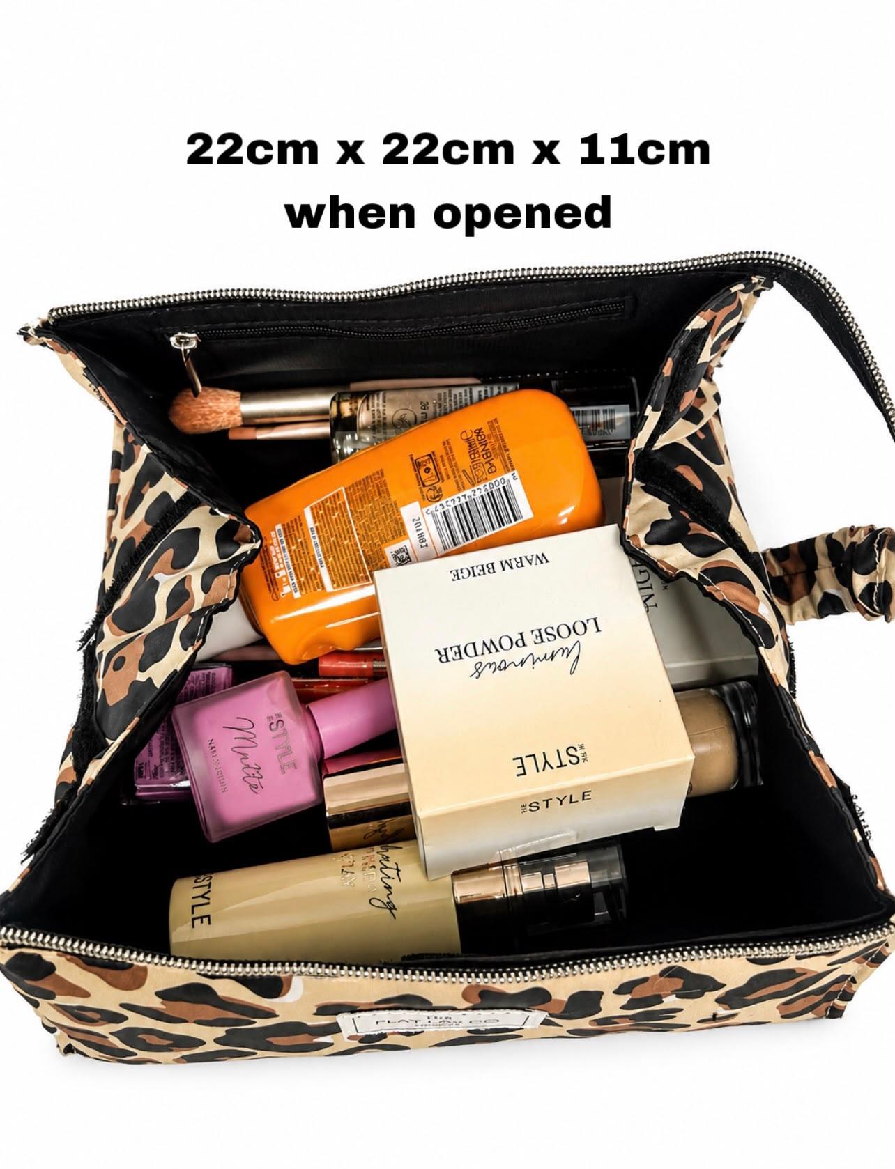 The Flat Lay Co Makeup Box Bag Brown Leopard Foldable Cosmetic Travel Organiser