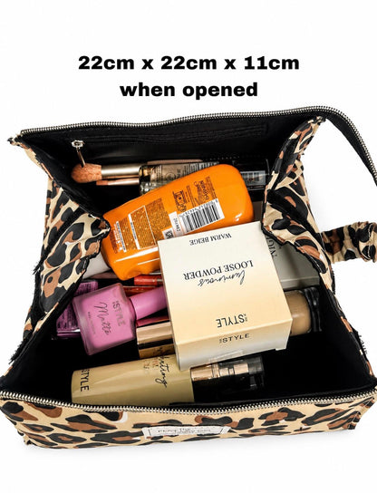 The Flat Lay Co Makeup Box Bag Brown Leopard Foldable Cosmetic Travel Organiser