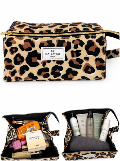 The Flat Lay Co Makeup Box Bag Brown Leopard Foldable Cosmetic Travel Organiser