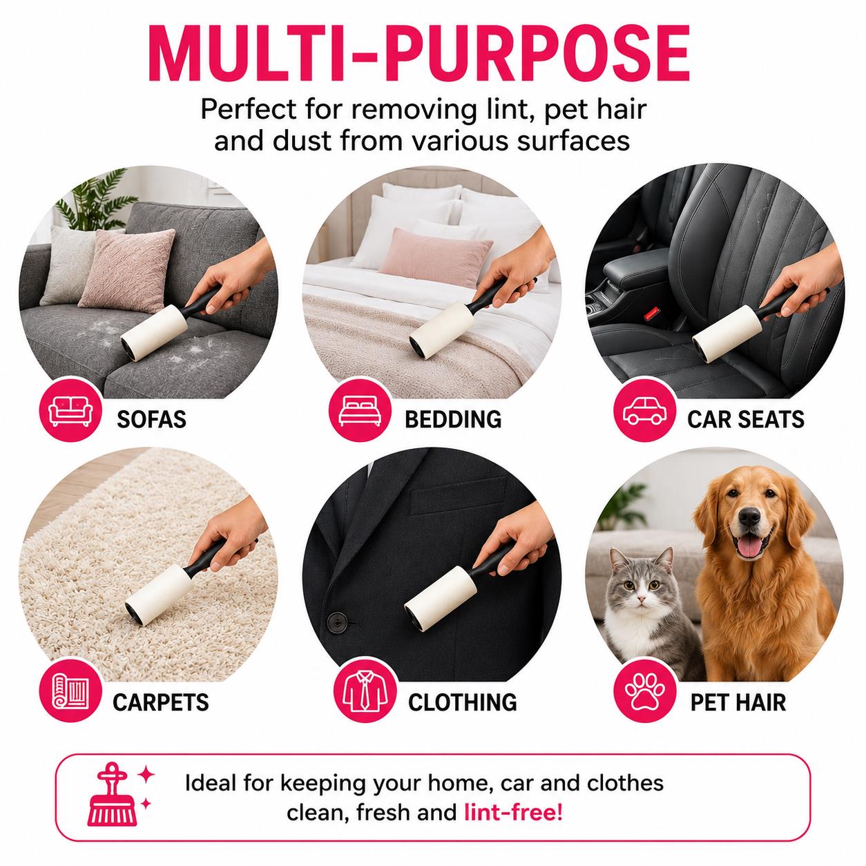 5 Pack Lint Roller Sticky Clothes Pet Hair Remover Fabric Fluff Roller 200 Sheets