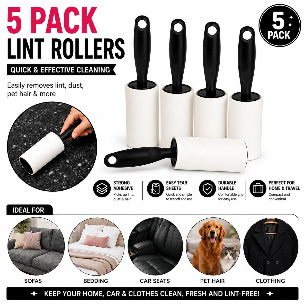 5 Pack Lint Roller Sticky Clothes Pet Hair Remover Fabric Fluff Roller 200 Sheets
