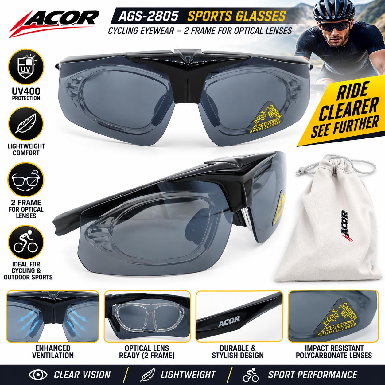 Acor AGS-2805 Cycling Sunglasses UV Sports Glasses 2 Lens Optical Insert Black