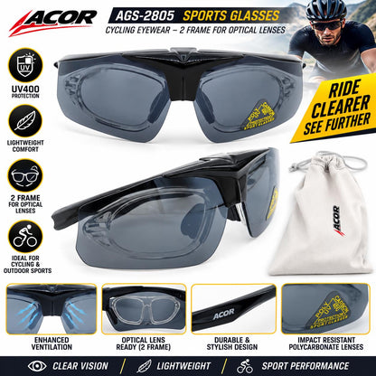 Acor AGS-2805 Cycling Sunglasses UV Sports Glasses 2 Lens Optical Insert Black