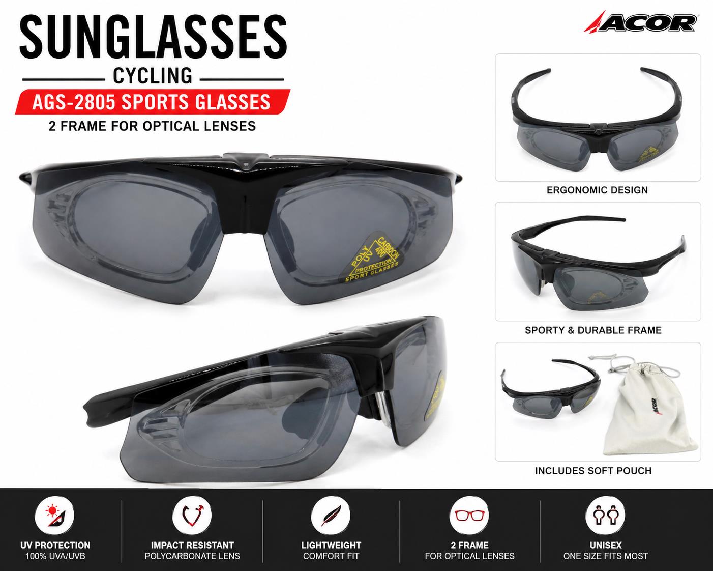 Acor AGS-2805 Cycling Sunglasses UV Sports Glasses 2 Lens Optical Insert Black