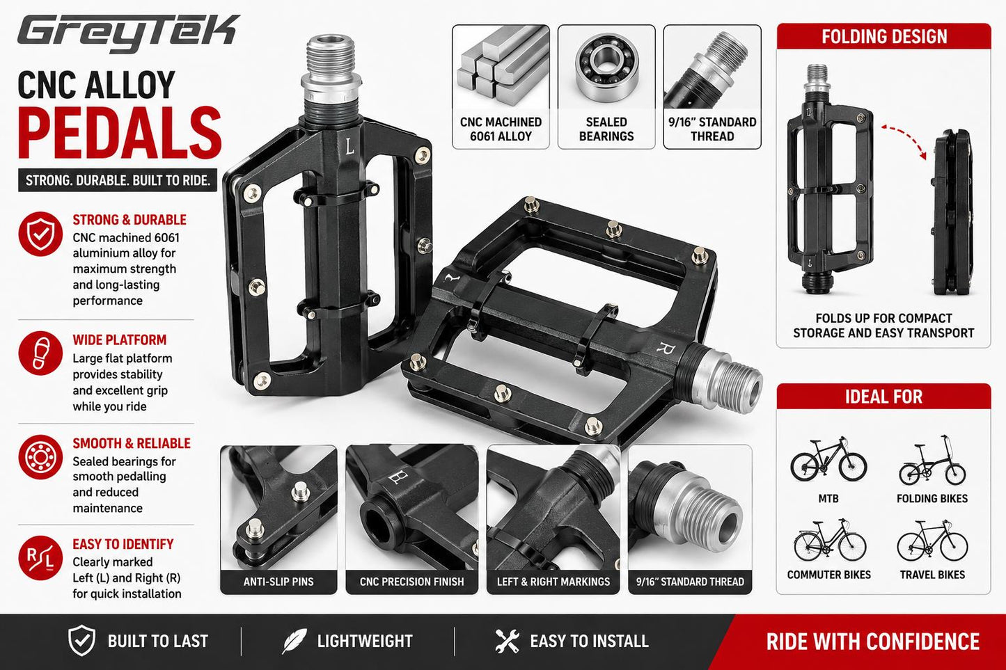 GreyTek CNC 6061 Alloy Bike Pedals 9/16" Flat Platform MTB Bicycle Black