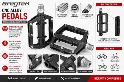 GreyTek CNC 6061 Alloy Bike Pedals 9/16" Flat Platform MTB Bicycle Black