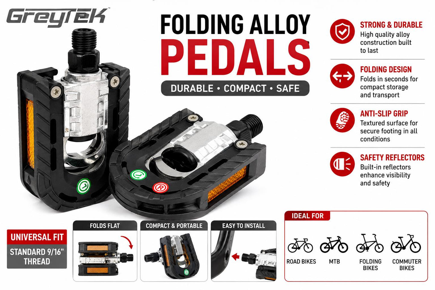 GreyTek Folding Bike Pedals 9/16" Alloy Non Slip Reflectors MTB Road Bicycle