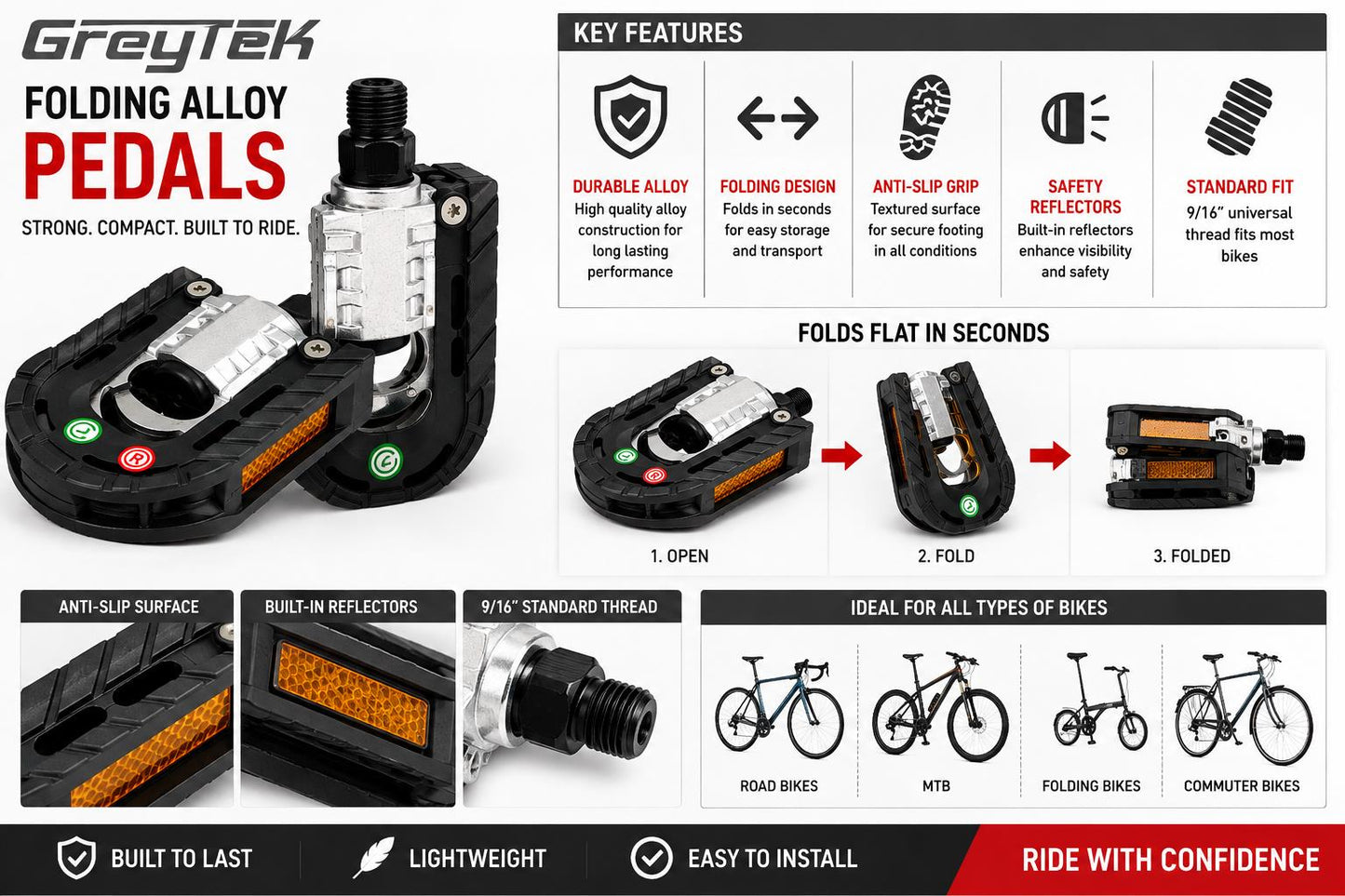 GreyTek Folding Bike Pedals 9/16" Alloy Non Slip Reflectors MTB Road Bicycle