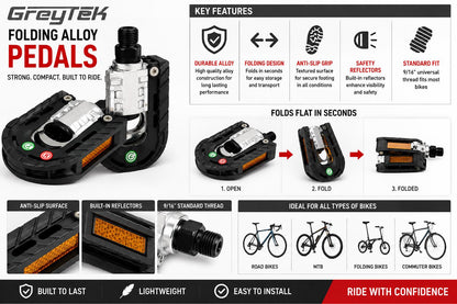 GreyTek Folding Bike Pedals 9/16" Alloy Non Slip Reflectors MTB Road Bicycle