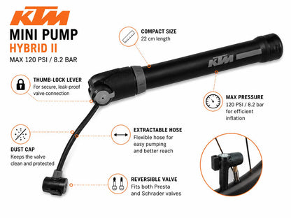 KTM Mini Pump Hybrid II Bike Cycle Pump Presta Schrader 120 PSI Black 22cm
