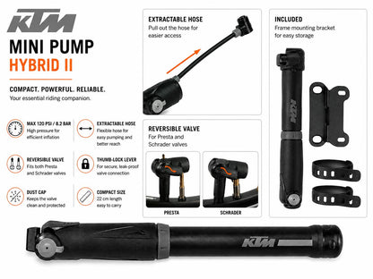 KTM Mini Pump Hybrid II Bike Cycle Pump Presta Schrader 120 PSI Black 22cm